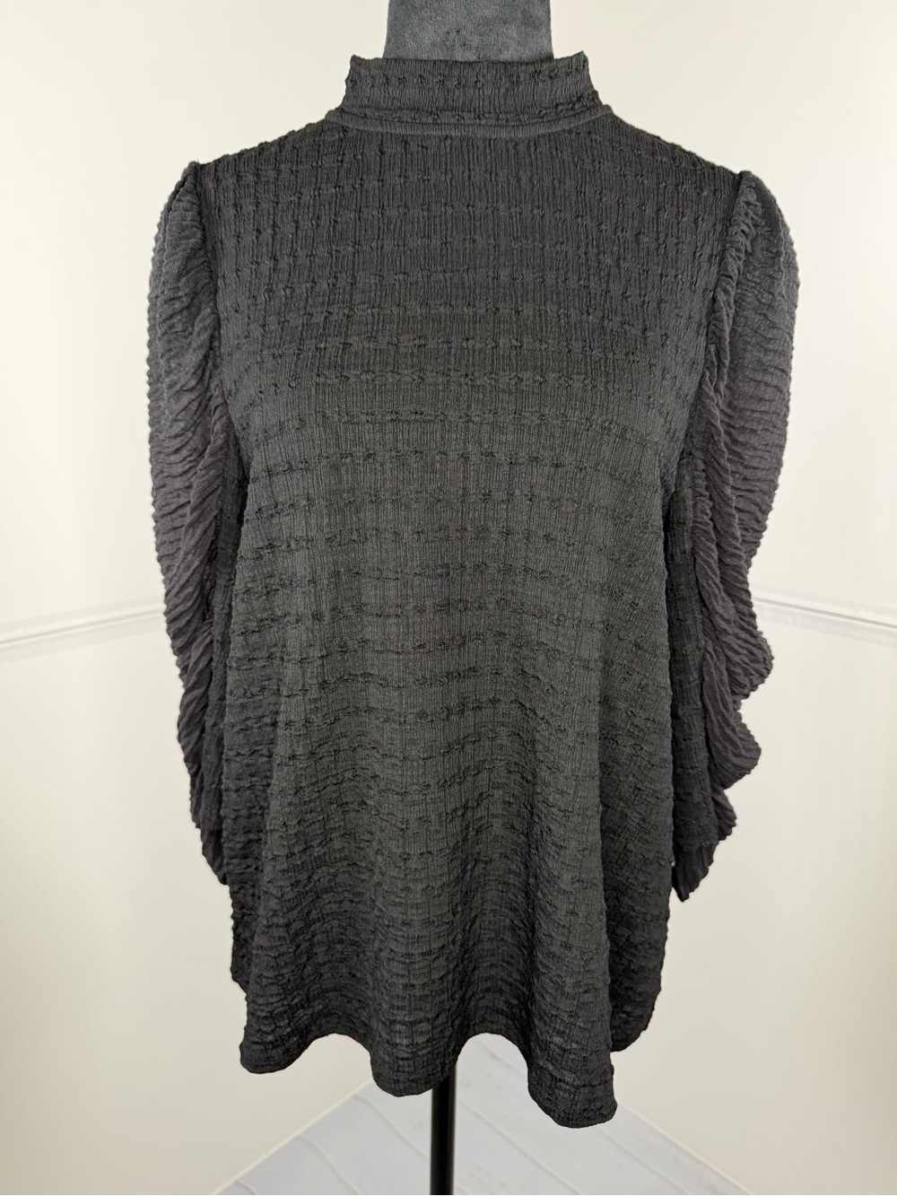 THML Black Textured Mock Neck Balloon Sleeve Blouse Size Large